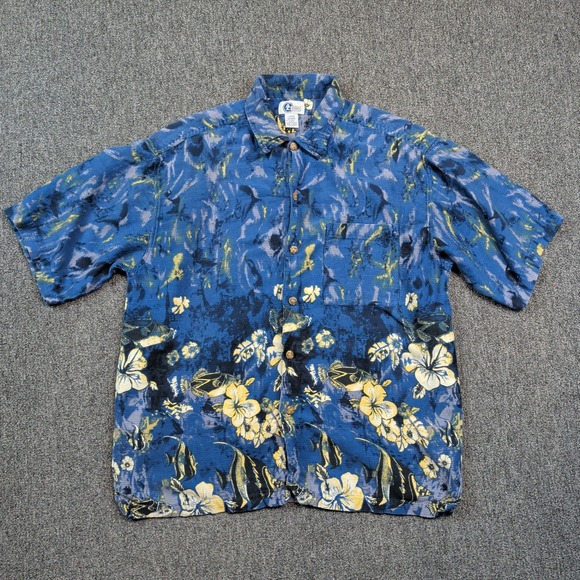 Arizona Vintage Y2K Tropical Fish Floral Shirt Large Blue Cotton Blend Coastal — photo 2